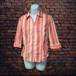 OCI Striped Button Up Shirt Women's Medium 3/4 Sleeve Stretch Top